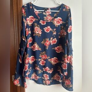 Floral High Low Blouse with Lace detailed Bell Sleeves